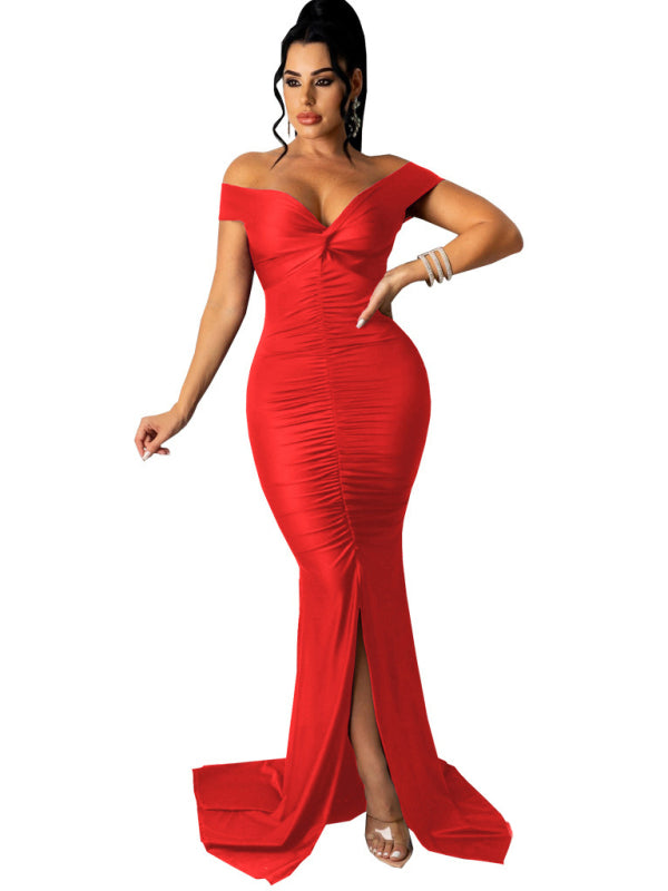 Solid Color Big V Neck Skinny Ruched Dress kakaclo