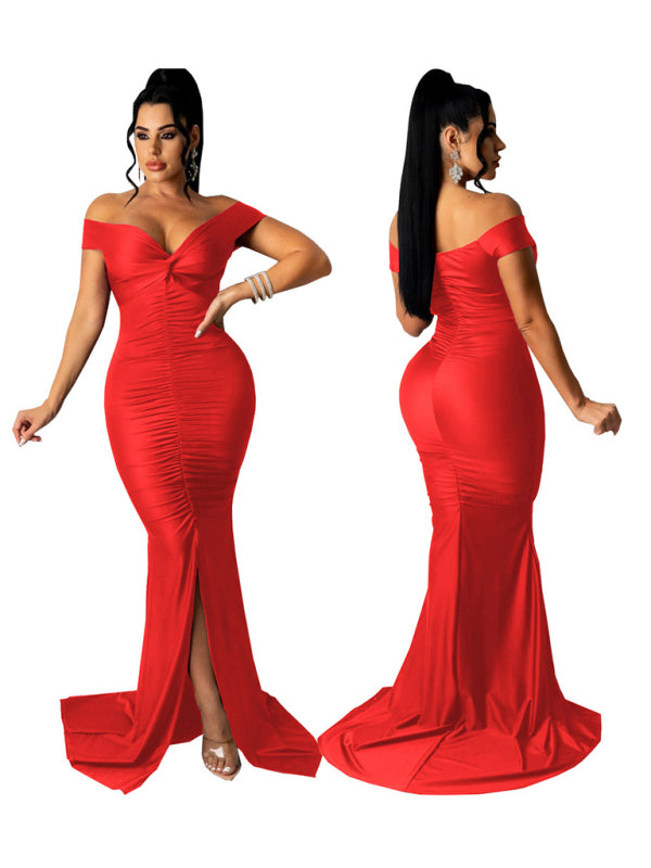 Solid Color Big V Neck Skinny Ruched Dress kakaclo