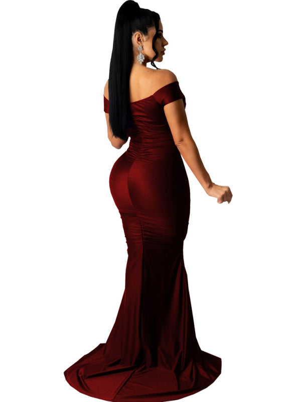 Solid Color Big V Neck Skinny Ruched Dress kakaclo