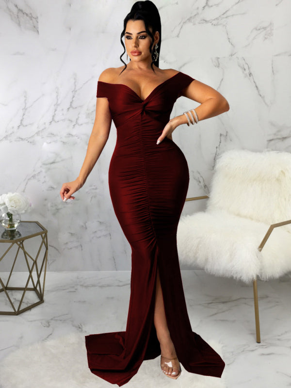 Solid Color Big V Neck Skinny Ruched Dress kakaclo