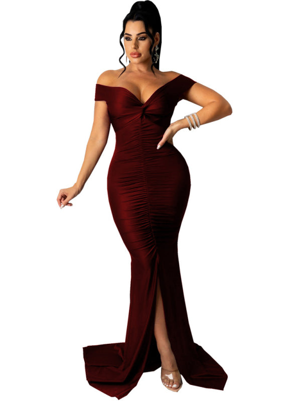Solid Color Big V Neck Skinny Ruched Dress kakaclo