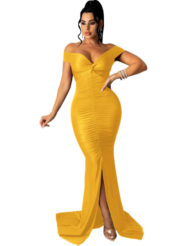 Solid Color Big V Neck Skinny Ruched Dress kakaclo