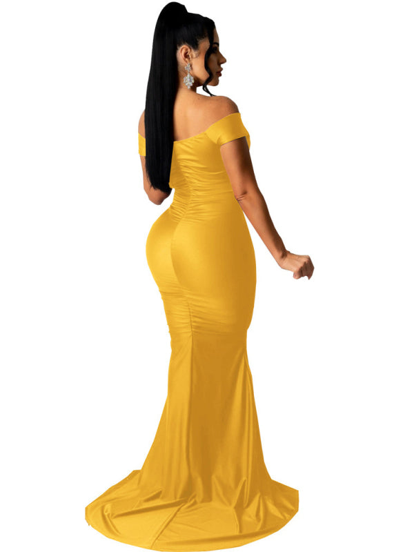 Solid Color Big V Neck Skinny Ruched Dress kakaclo