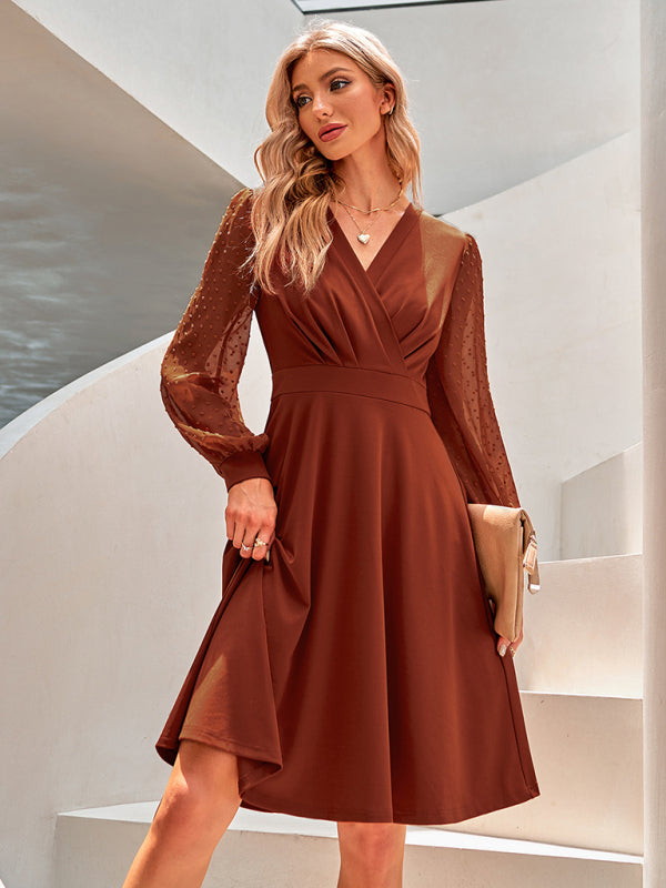 Women's trend V-neck solid color Jacquard Dress kakaclo