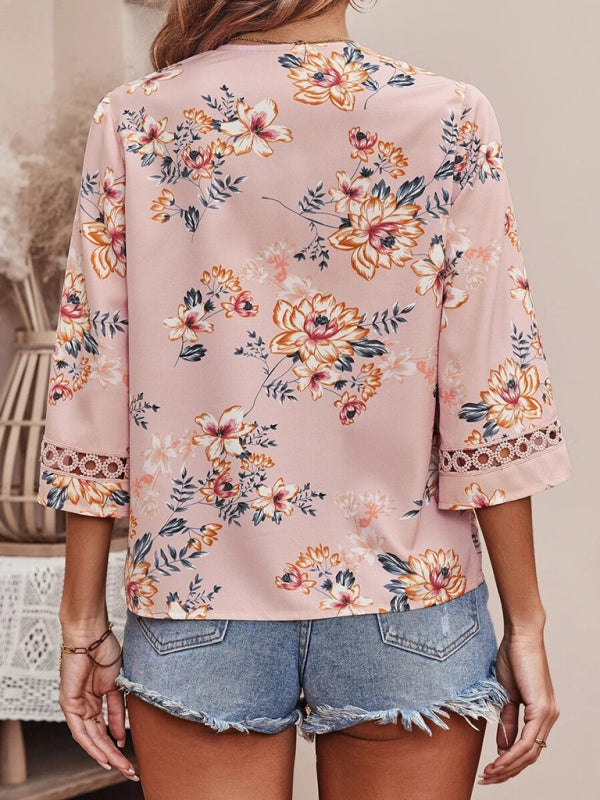 V-neck printed patchwork lace flared sleeve top BLUE ZONE PLANET