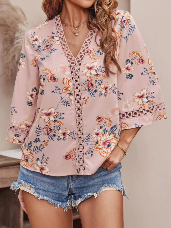 V-neck printed patchwork lace flared sleeve top BLUE ZONE PLANET