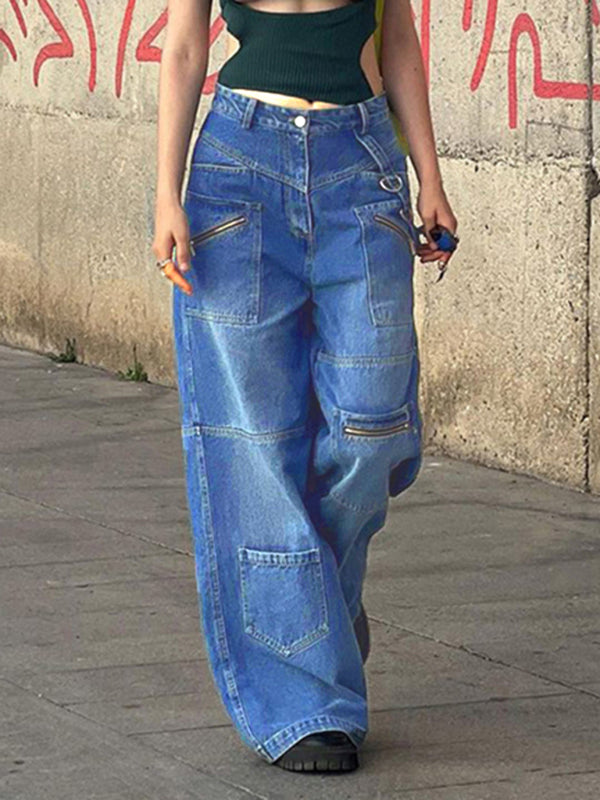 Multi-pocketed, zipped, distressed jeans with a straight leg and wide leg-BOTTOM SIZES SMALL MEDIUM LARGE-[Adult]-[Female]-2022 Online Blue Zone Planet