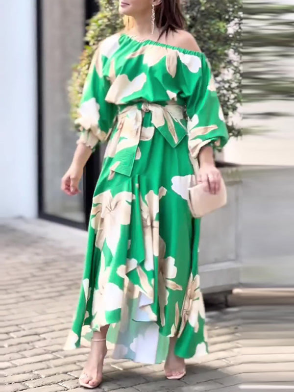 elegant commuter print lantern sleeve dress BLUE ZONE PLANET