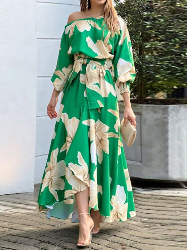 elegant commuter print lantern sleeve dress BLUE ZONE PLANET