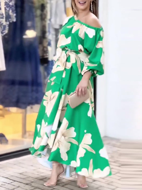elegant commuter print lantern sleeve dress BLUE ZONE PLANET