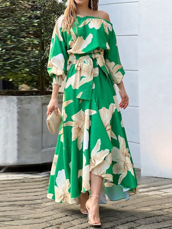 elegant commuter print lantern sleeve dress BLUE ZONE PLANET
