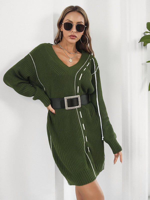 Dropped Sleeves Drawstring V-Neck Sweater Dress BLUE ZONE PLANET