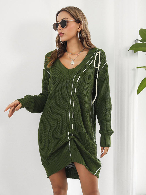 Dropped Sleeves Drawstring V-Neck Sweater Dress BLUE ZONE PLANET