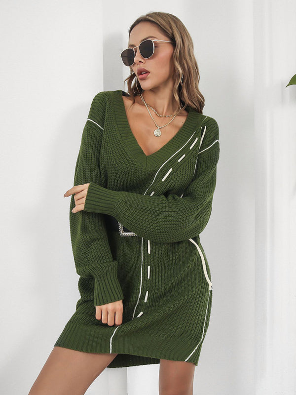Dropped Sleeves Drawstring V-Neck Sweater Dress BLUE ZONE PLANET