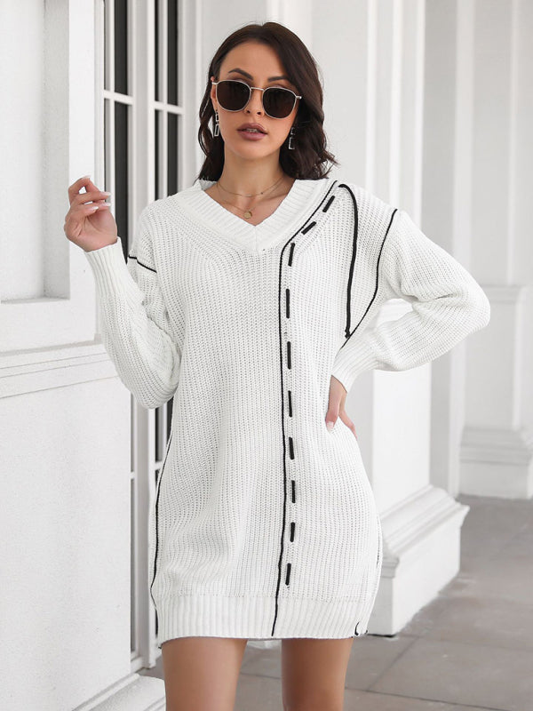 Dropped Sleeves Drawstring V-Neck Sweater Dress BLUE ZONE PLANET
