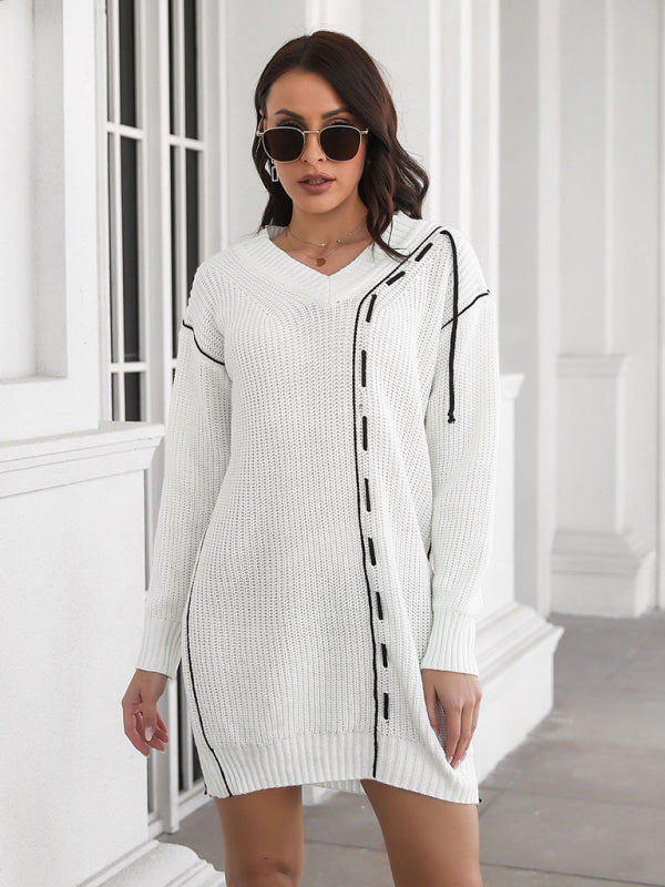 Dropped Sleeves Drawstring V-Neck Sweater Dress BLUE ZONE PLANET