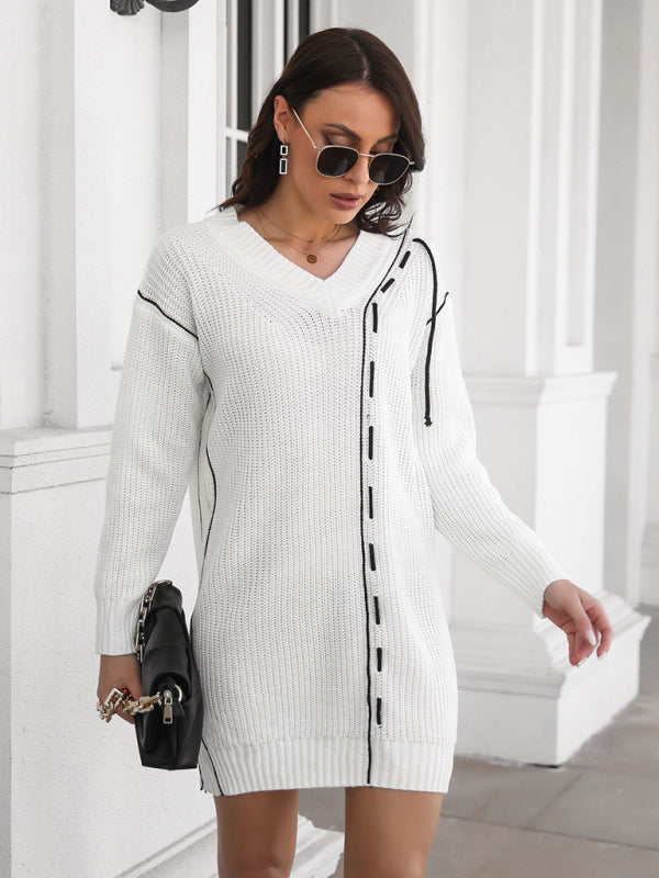 Dropped Sleeves Drawstring V-Neck Sweater Dress BLUE ZONE PLANET