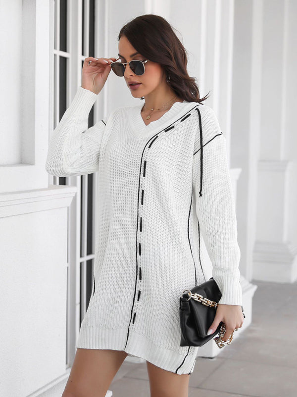 Dropped Sleeves Drawstring V-Neck Sweater Dress BLUE ZONE PLANET