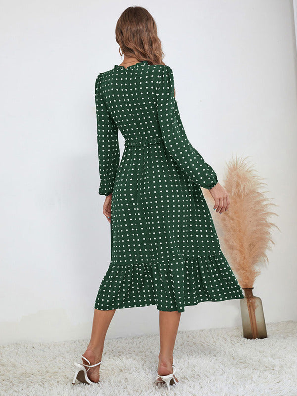 Women's casual long sleeve French polka dot dress kakaclo