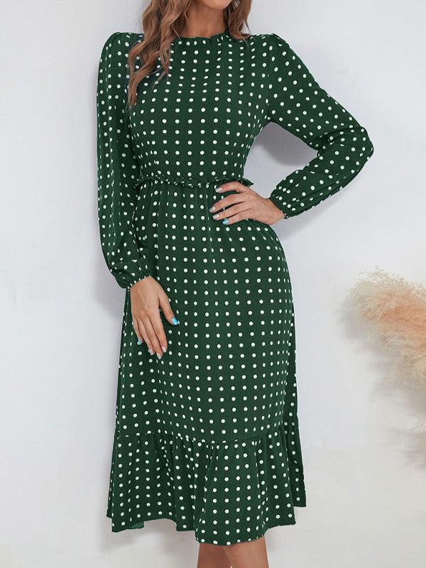 Women's casual long sleeve French polka dot dress kakaclo