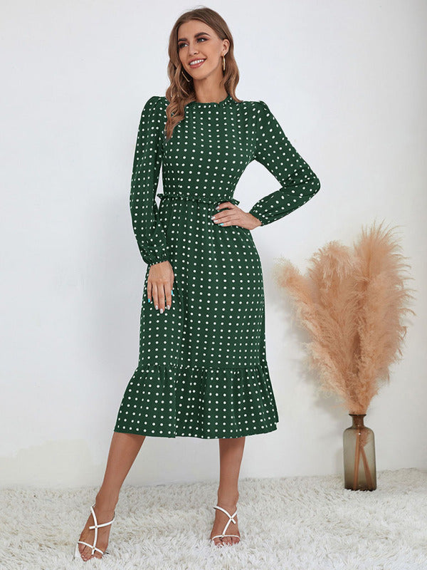 Women's casual long sleeve French polka dot dress kakaclo