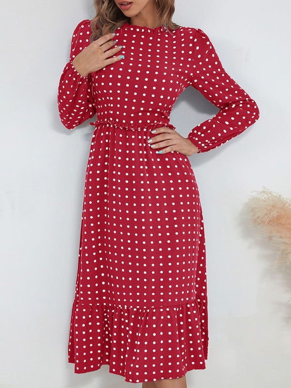 Women's casual long sleeve French polka dot dress kakaclo