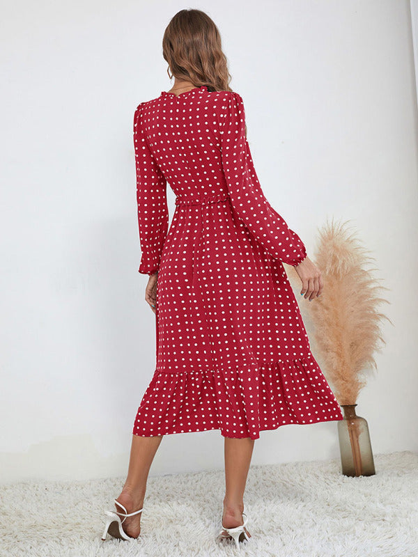 Women's casual long sleeve French polka dot dress kakaclo