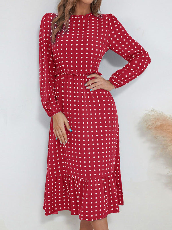 Women's casual long sleeve French polka dot dress kakaclo