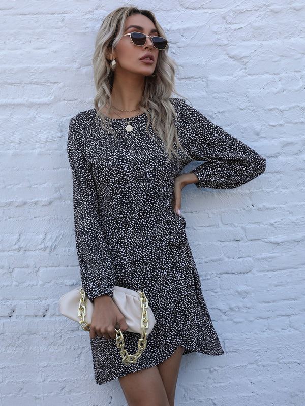 lace-up irregular leopard print long-sleeved dress kakaclo