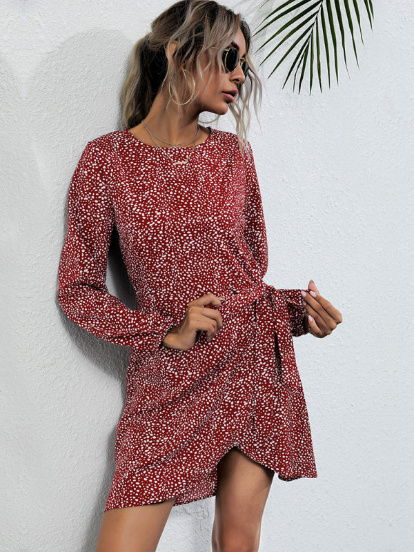 lace-up irregular leopard print long-sleeved dress kakaclo