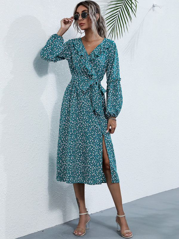 ruffle collar long-sleeved floral dresses BLUE ZONE PLANET