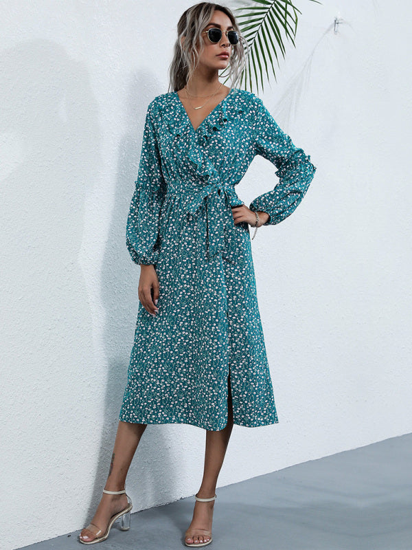 ruffle collar long-sleeved floral dresses BLUE ZONE PLANET
