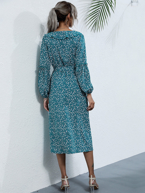 ruffle collar long-sleeved floral dresses BLUE ZONE PLANET