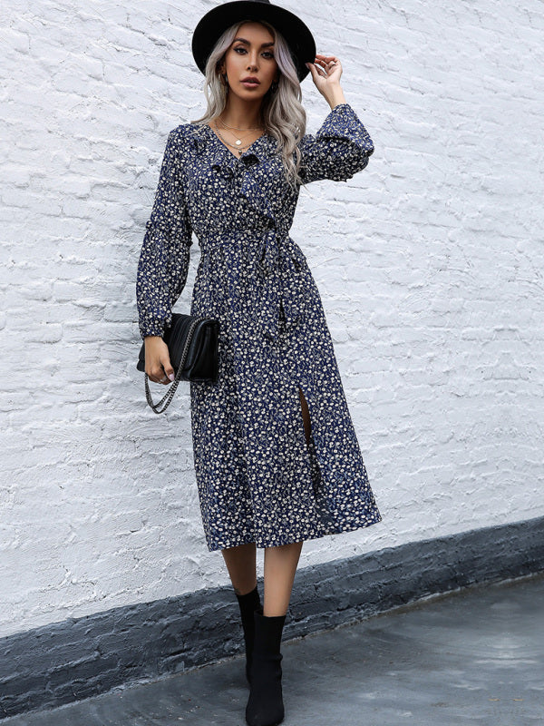 ruffle collar long-sleeved floral dresses BLUE ZONE PLANET