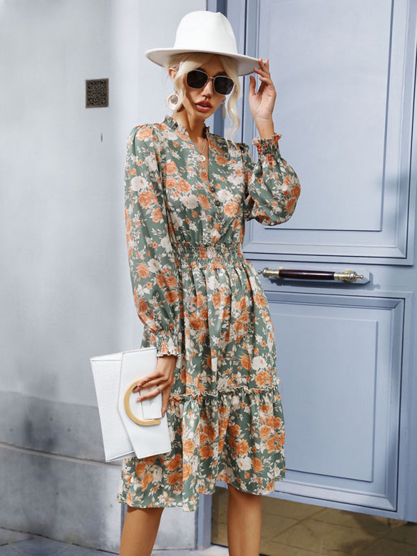 Blue Zone Planet | ruffle print retro long-sleeved dress BLUE ZONE PLANET