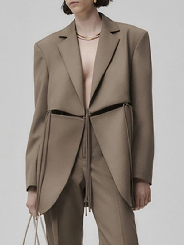 Women's suit collar long sleeve hollow strapped jacket kakaclo