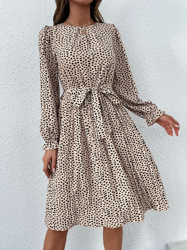 leopard print lace-up long-sleeved pleated dress kakaclo