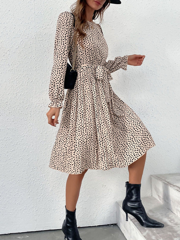 leopard print lace-up long-sleeved pleated dress kakaclo