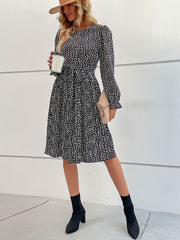 leopard print lace-up long-sleeved pleated dress kakaclo