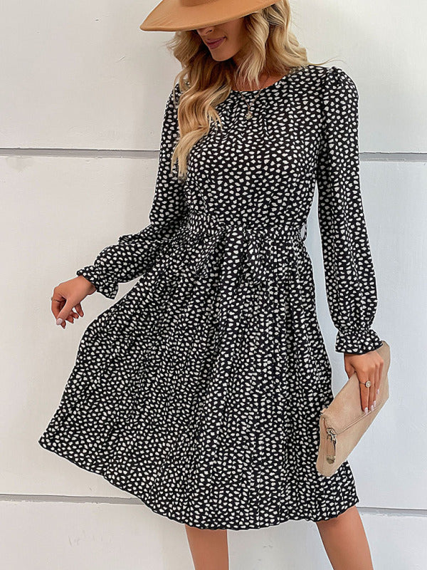 leopard print lace-up long-sleeved pleated dress kakaclo