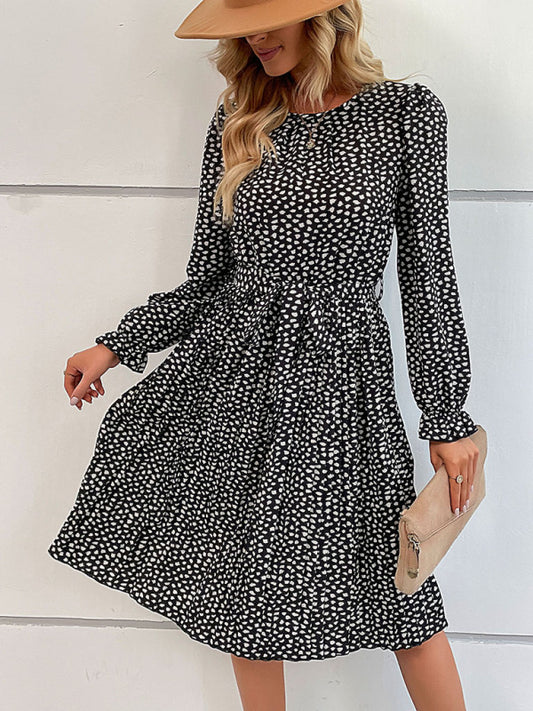 leopard print lace-up long-sleeved pleated dress kakaclo