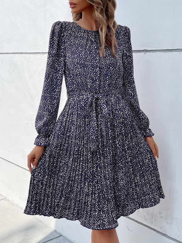 leopard print lace-up long-sleeved pleated dress kakaclo