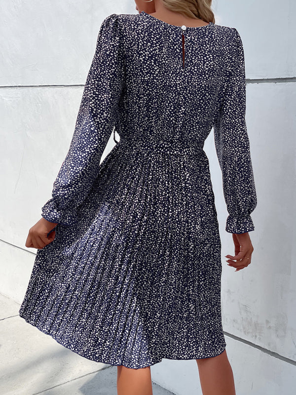 leopard print lace-up long-sleeved pleated dress kakaclo