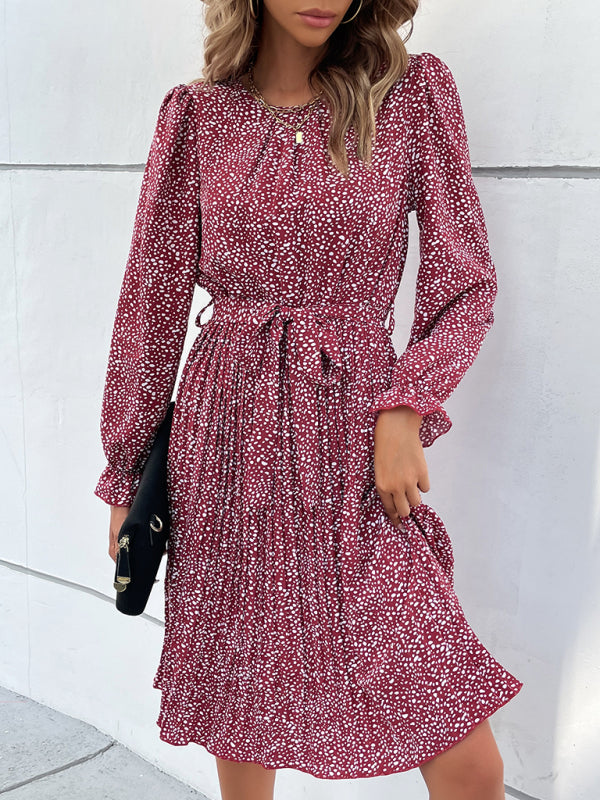 leopard print lace-up long-sleeved pleated dress kakaclo