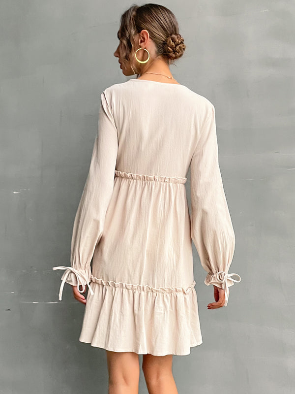 splicing dress V-neck long-sleeved dress kakaclo