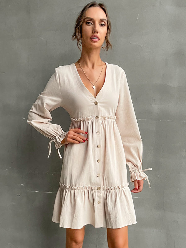 splicing dress V-neck long-sleeved dress kakaclo