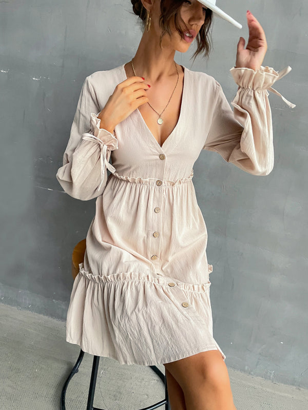 splicing dress V-neck long-sleeved dress kakaclo