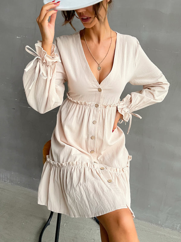 splicing dress V-neck long-sleeved dress kakaclo