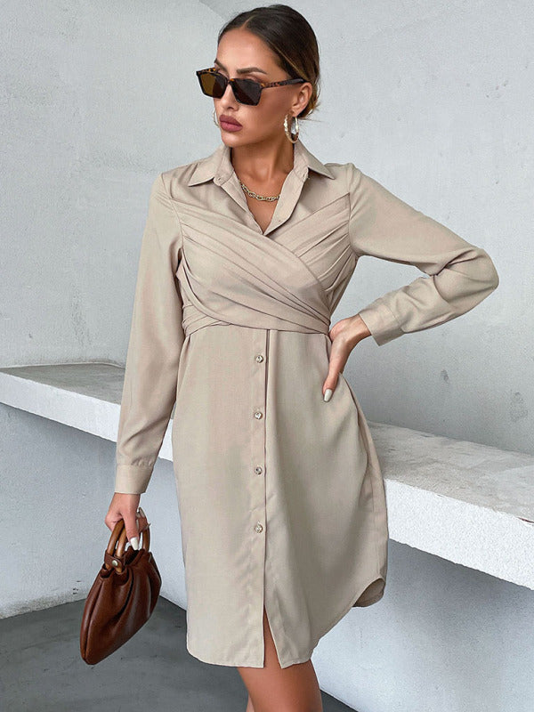 design sense long-sleeved cardigan mid-length lapel shirt dress kakaclo
