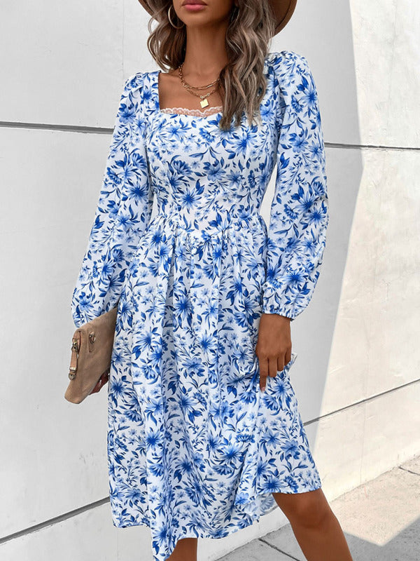 Blue Zone Planet | Women's square neck print vintage dress kakaclo